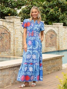 SHERIDAN FRENCH Eloise Short Sleeve Maxi Dress Cobalt Blue Medium